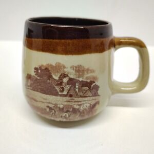 Enesco Vintage Coffee Mug Americana Farmhouse Scene Brown Beige Collectible 1980